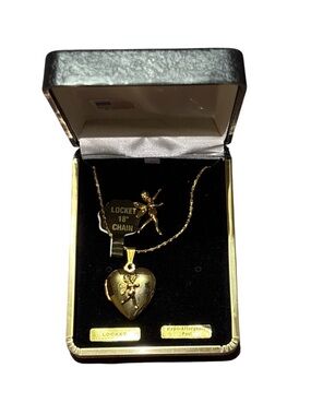 Gold Heart Locket Necklace with Angel Accent - 18" Chain